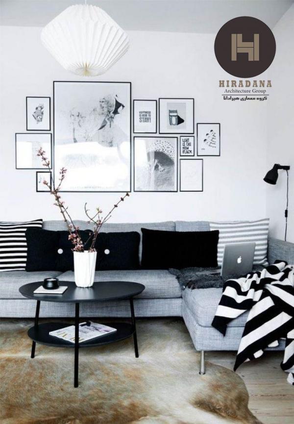 طراحی داخلی فضای پذیرایی با ترکیب رنگ طوسی و خنثی